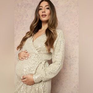 Boohoo maternity, midi wrap  sequin dress. 
Champagne gold Size US  8 NWT